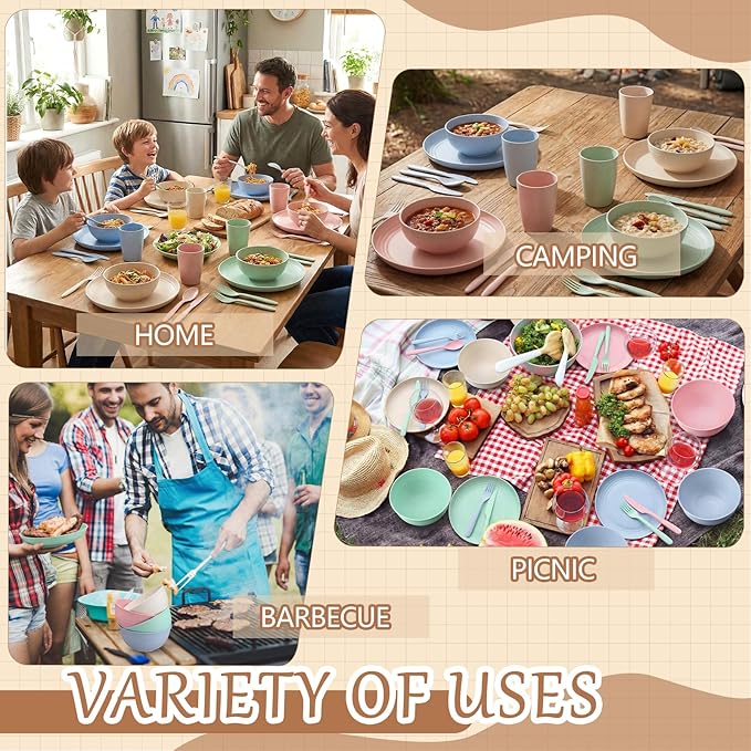 Zhehao 72 Pcs Wheat Straw Dinnerware Sets for 12 Dishwasher Microwave Safe Unbreakable Reusable Kitchen Cups Plates Bowls Cultery Sets for Patio Outdoors Rv Camping Dishes