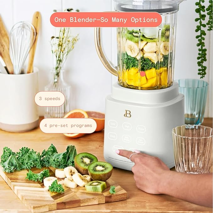 B PowerExact High-Performance 700-Watt Blender System by Drew Barrymore 50-Ounce Pitcher Stainless 4-Tip Blade 3 Speeds + 4 Presets Dishwasher-Safe Parts Travel Cup Included