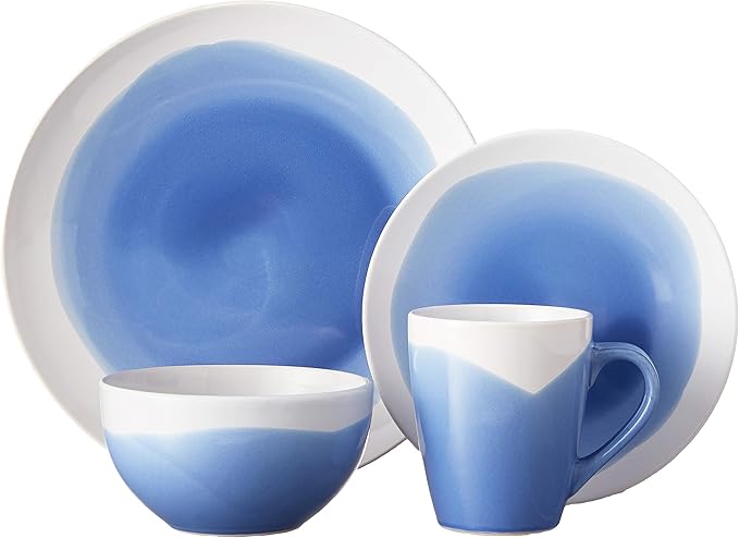 American Atelier Round Dinnerware Sets | Blue &amp White Kitchen Plates Bowls and Mugs | 16 Piece Stoneware Oasis Collection 10.5 x 10.5 | Dishwasher &amp Microwave Safe | Service for 4