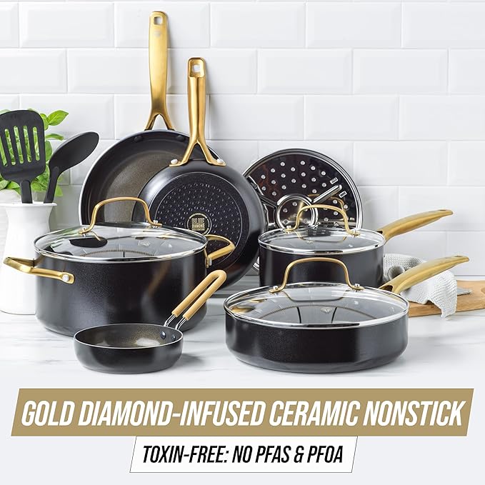 Blue Diamond Gold 12 Piece Cookware Set PFAS-Free Ceramic Nonstick Pots &amp Pans Induction Ready for All Cooktops Kitchen Serving Utensils Dishwasher Safe Black