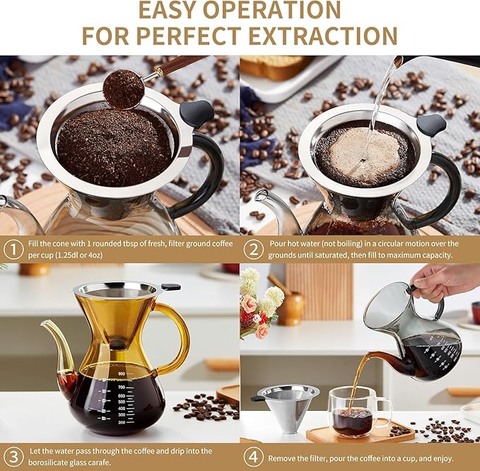 Unbreakable - Pour Over Coffee Maker with Double Stainless Filter 27 fl oz Thickened Heat-Resistant Borosilicate Glass Pour Over Coffee Dripper Stovetop Safe