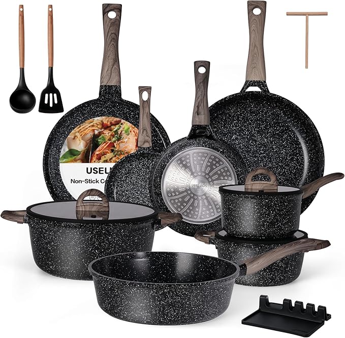 Ceramic Cookware Set 22 Piece Nonstick Pots and Pans Set Non Stick Kitchen Cooking Sets 8Frying Pans with LidBlack Granite Non-Toxic Induction Kitchen Cookware w/Glass Lids PFOS/PFOA-Free