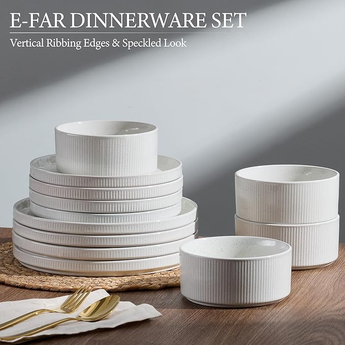 E-far 12-Piece Plates and Bowls Sets with 35oz Pasta Bowls Set of 4 Stoneware Dinnerware Dishes Sets Kitchen Modern Dining Dishware Speckled White