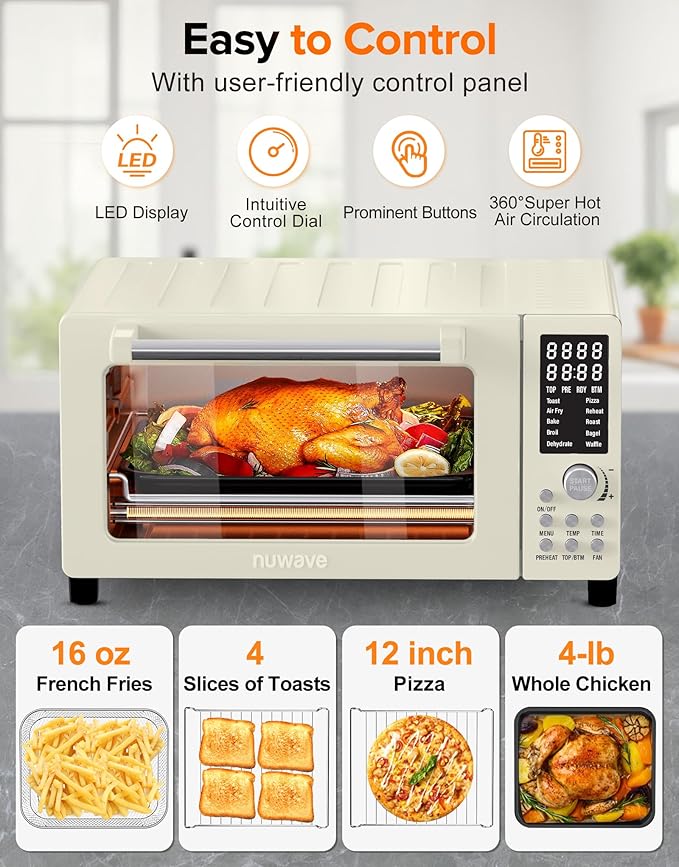 Nuwave Bravo Pro Smart Air Fryer Toaster Oven Combo Airfryer Convection Oven Countertop 10-in-1 Functions with Quicker &amp Even Crisp Technology 1800W 50-450°F PFAS-Free 21QT Vanilla Cream