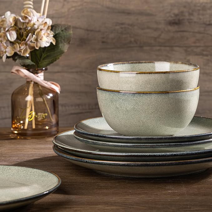 AmorArc Ceramic Dinnerware Sets for 8 24 Pieces Handpainted Stoneware Plates and Bowls Set Scratch Resistant Dishes Set Dishwasher &amp Microwave Safe Reactive Color