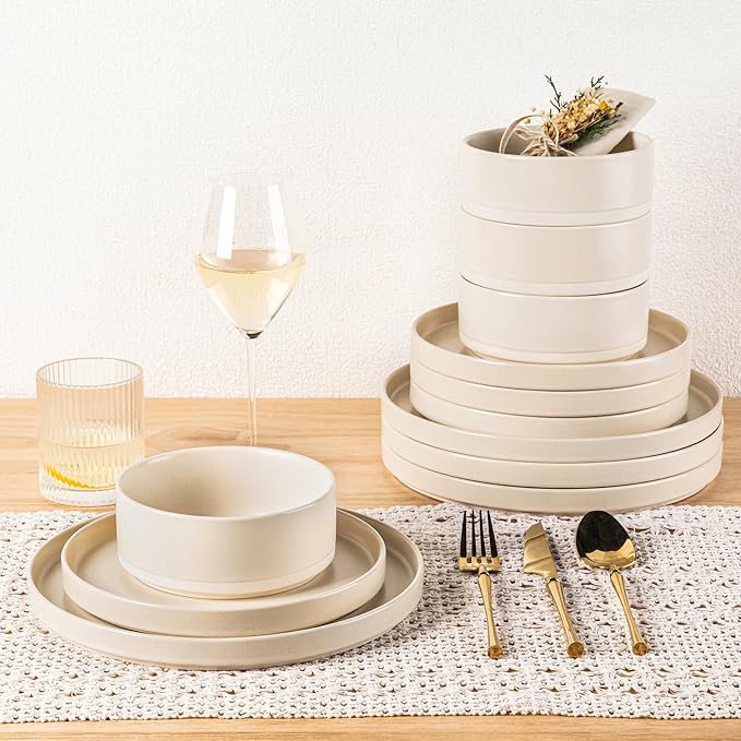 TheTerra Ceramic Dinnerware Sets for 8 24 Pieces Handmade Reactive Glaze Plates and Bowls Set Scratch Resistant Dish Set Oven &amp Microwave &amp Dishwasher Safe Matte White