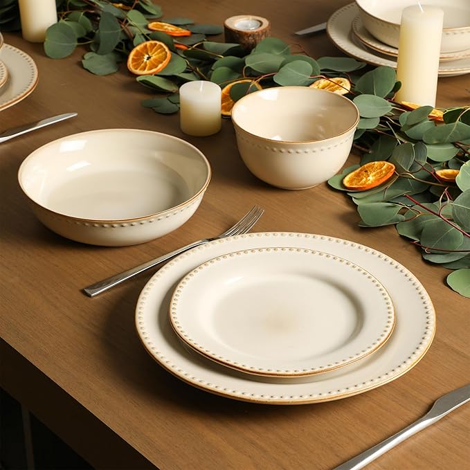 Stone Lain Comet 12-Piece Dinnerware Set Stoneware Plates and Bowls Set Dishwasher and Microwave Safe Dish Set for 4 Cream