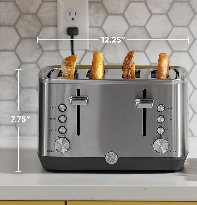 GE Stainless Steel 4 Slice Toaster | Extra Wide Slots for Bagels Breads Waffles &amp More | 7 Shade Options | Countertop Kitchen Essentials | 1500 watt