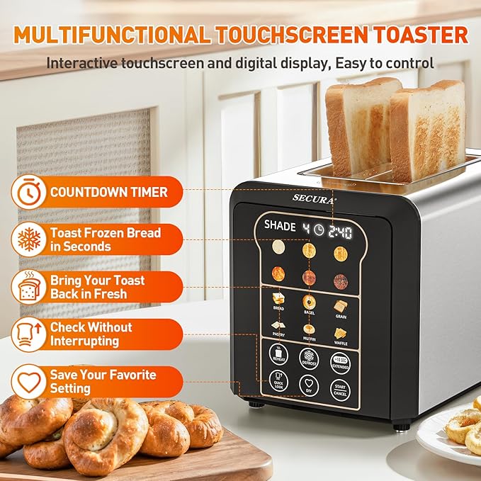 Secura 2 Slice Automatic Toaster Touch Screen Smart Toaster with Digital Timer 6 Bread Type &amp 6 Browning Levels Reheat Deforst +10s Extended Customizable Memory Settings Great for Home RV Off