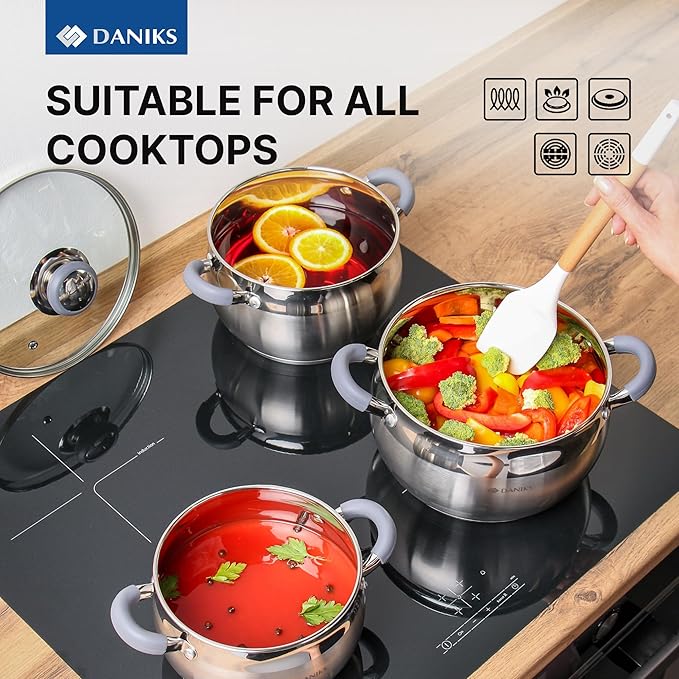 Daniks Modern 6-Piece Stainless Steel Cookware Set with Glass Lids Tri-Ply Bases for Even Heating Induction Compatible Dishwasher Safe Heatproof Handles