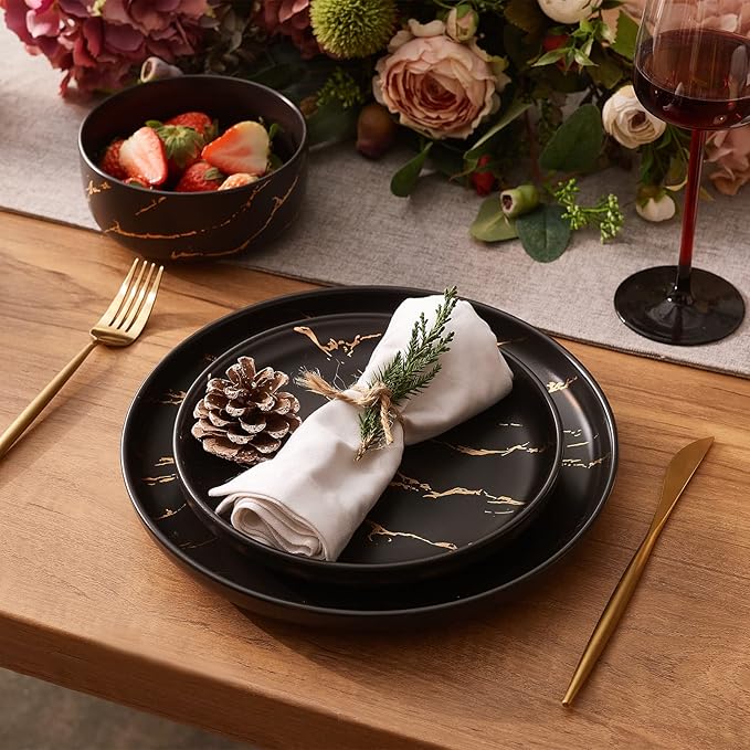 Black Gold Splash Dinnerware Sets Marble Porcelain Plates and Bowls Sets Modern Luxury Dish Set for 4 12 Pieces Fine China Plates Set for Formal Dinners and Anniversaries