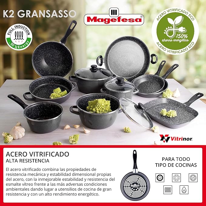 San Ignacio Kitchen Battery 5 Pieces Cassel Stainless Steel with pan Set (18/20/24 cm) MAGEFESA K2 Gransasso in enameled Steel