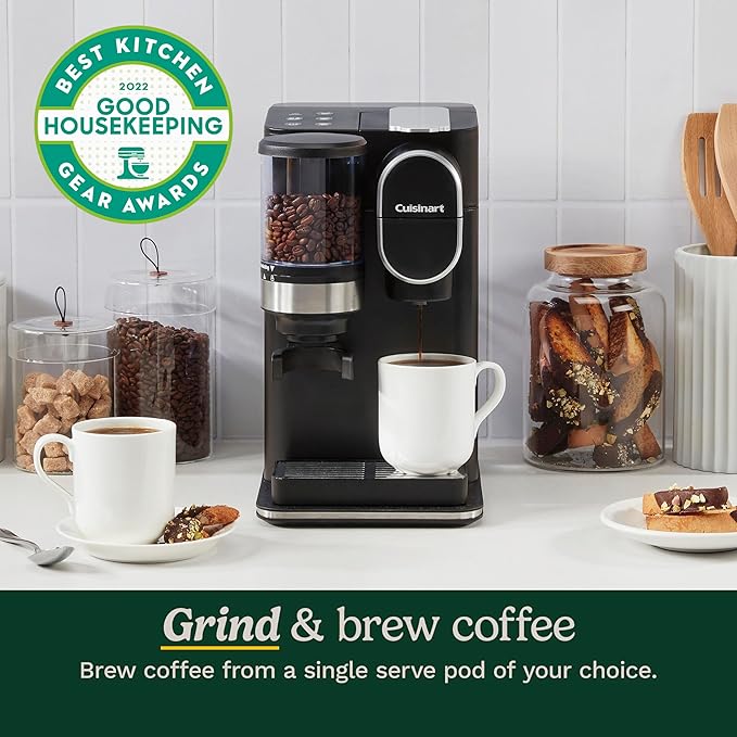 Cuisinart Single-Serve Coffee Maker + Coffee Grinder with 8 10 and 12 oz. Serving Size Compatible with Single-Cup Pods 48-Ounce Removable Reservoir Stainless Steel DGB-2SS