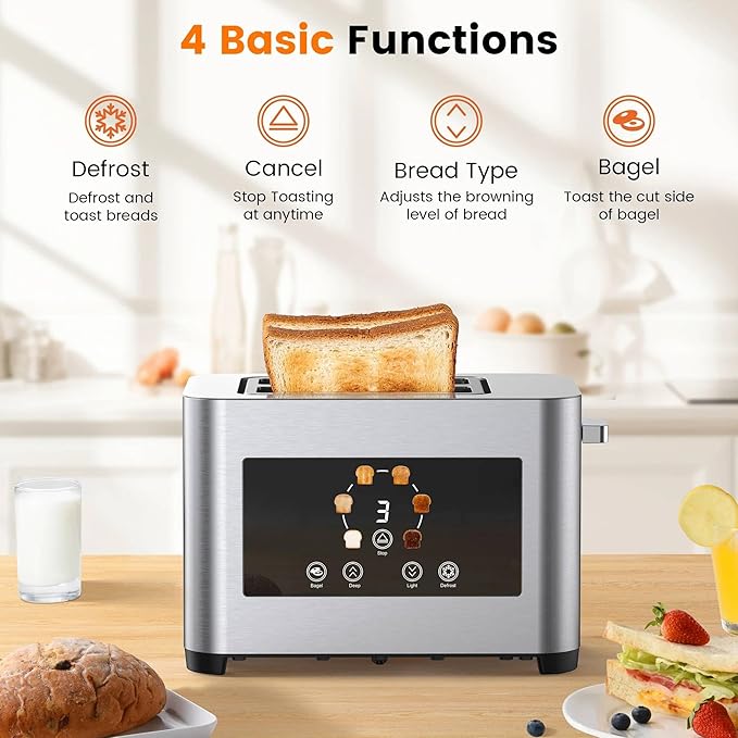 2-Slot Digital Touchscreen Toaster with Wide Slots and 6 Toast Settings Stainless Steel