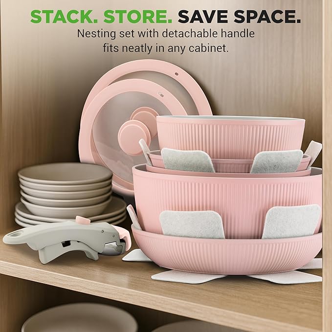 NutriChef 18-Piece Ceramic Cookware Set with Detachable Handles Non Stick Pots and Pans PTFE-Free Natural Ceramic Coating Space-Saving Design Oven &amp Stove Safe Includes Utensils Pink