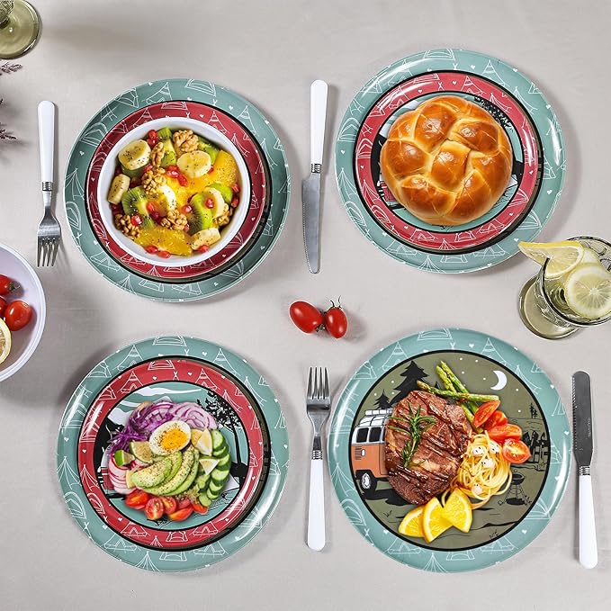 Melamine Dinnerware Sets 12pcs Plates and Bowls Sets Service for 4 Indoor and Outdoor use Dish Set break-resistant (red car)