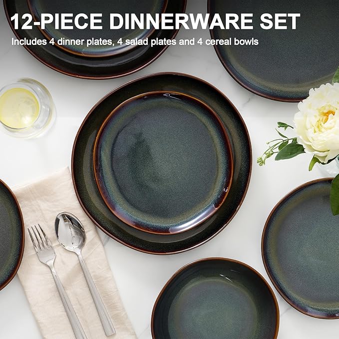 Vesteel Dinnerware Set for 4 12 Pieces Premium Stoneware Plates and Bowls Set Handmade Reactive Glaze Dishes for Home Chip &amp Scratch Resistant Microwave and Dishwasher Safe - Forest Green
