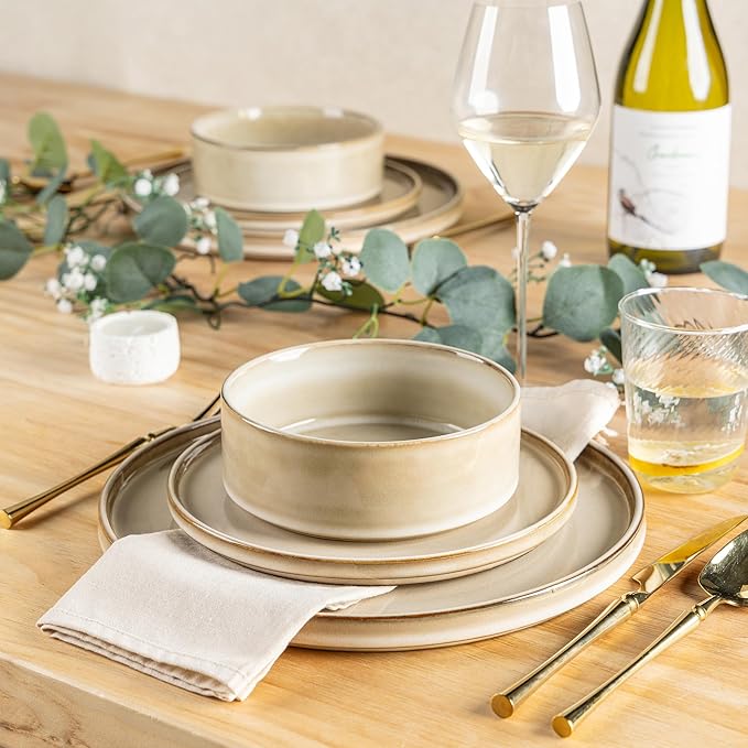 AmorArc Ceramic Dinnerware Sets Handmade Reactive Glaze Stoneware Plates and Bowls SetsHighly Chip and Crack Resistant | Dishwasher &amp Microwave Safe Dishes Set Service for 8 (24pc)