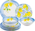 UPware 12 Piece Lovely Lemons Melamine Dinnerware Sets Outdoor Dishes Set Plates and Bowls Sets Service for 4 Blue Yellow