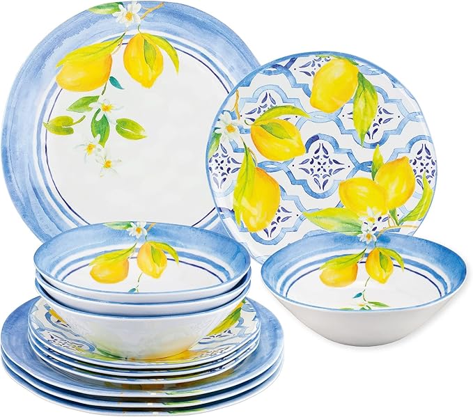 UPware 12 Piece Lovely Lemons Melamine Dinnerware Sets Outdoor Dishes Set Plates and Bowls Sets Service for 4 Blue Yellow