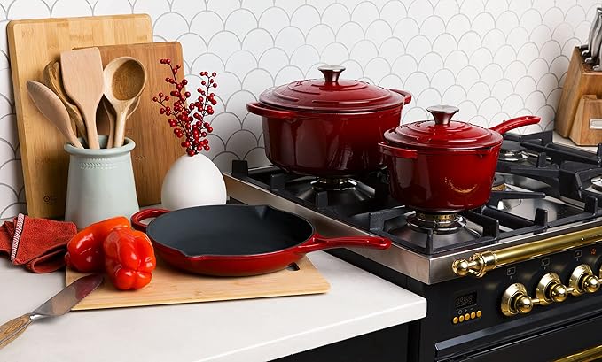 Larder &amp Vine 5-Piece Enameled Cast Iron Cookware Set - Includes 5.7 Quart Dutch Oven with Lid 10.25 Inch Skillet 2.2 Quart Saucepan with Lid (Cabernet)