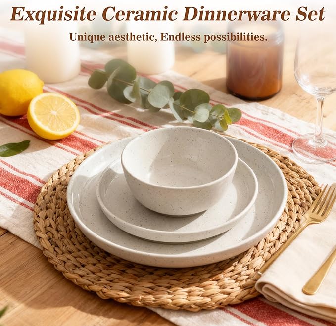 Ceramic Dinnerware Sets12 Pieces Plates and Bowls SetsPorcelain Kitchen Dinner Set for 4Scratch Resistant Stoneware Dish SetRustic Terracotta UndersideDishwasher&ampMicrowave Safeoff white