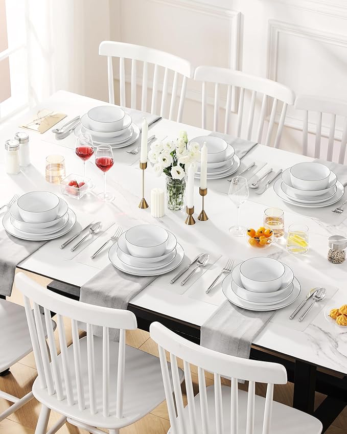 MALACASA 24 Pieces Gourmet Porcelain Dinnerware Sets Premium Plates and Bowls Set High-Fired Dishes Set for 6 Chip &amp Scratch Resistant Microwave Dishwasher Safe White &amp Black Rim Series