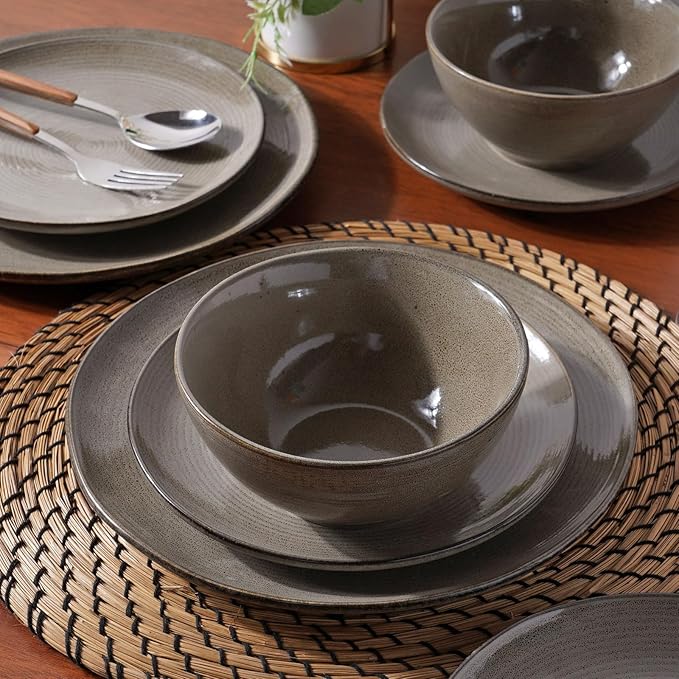 Famiware Tempus Plates and Bowls Sets for 6 18 Pieces Stoneware Dinnerware Sets Reactive Glaze Dishes Set Dishwasher &amp Microwave Safe - Dark Olive