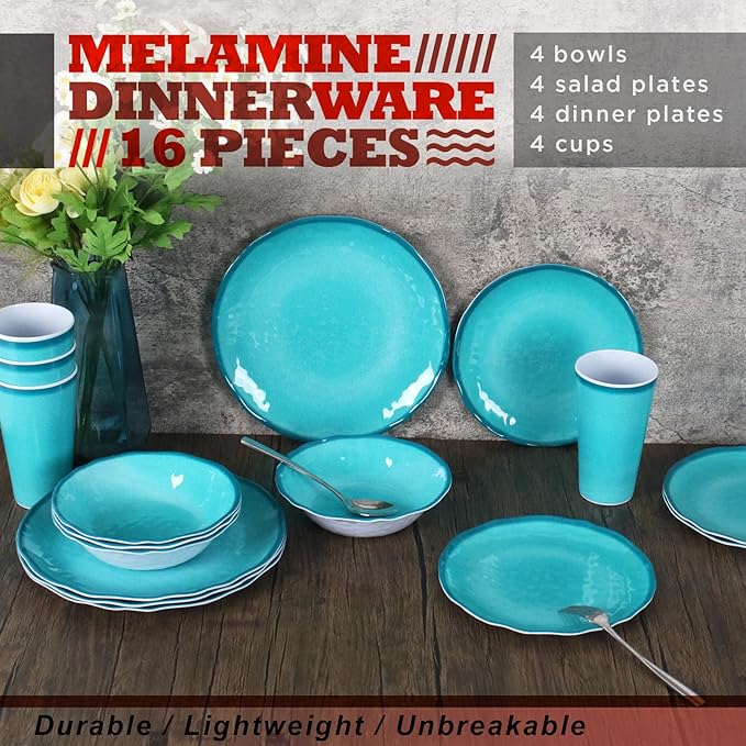 Melamine Dinnerware Set for 4-16 Pcs:Camping Dishes Set with Dinner PlatesSalad PlatesBowls and Cups.Lightweight and Unbreakable.Indoor and Outdoor Use.