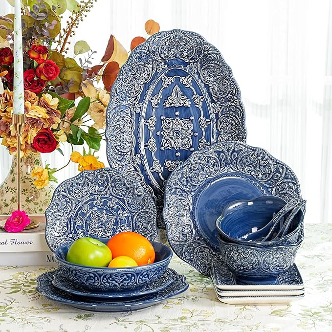 Sungmor Embossed Stoneware Fine Dining Dinnerware Antique Baroque Style Porcelain Serving Platter Set of 2 &amp 16 Inch Oval Large Serving Plates Sophisticated Ceramic Serving Dish Party Table Dec