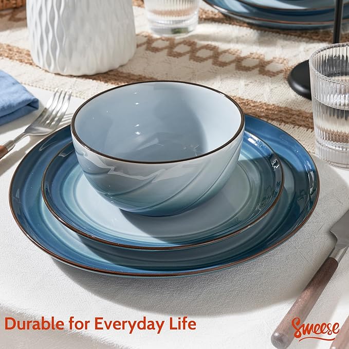 Sweese Porcelain Dinnerware Sets for 6 18 Pieces Ceramic Plates and Bowls Sets Handcrafted Minimalist Dinner Set Chip and Scratch Resistant Dish Set Dishwasher &amp Microwave Safe Ocean Blue