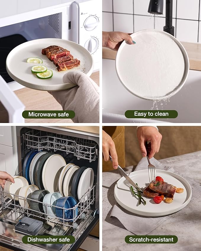 Famiware Star Dinnerware Set with Pasta Bowls Service for 4 (16pcs) Ribbed Stoneware Plates and Double Bowls Dishes Sets - Chip &amp Scratch Resistant Microwave &amp Dishwasher Safe Matte White