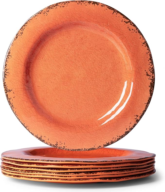 LEHAHA Melamine Salad/Dessert Plates Crackled Design Plates Set of 6 9 inch Small Dinner Plates Modern Rustic Kitchen Serving Dishes for Party Picnic and Camping Use Orange