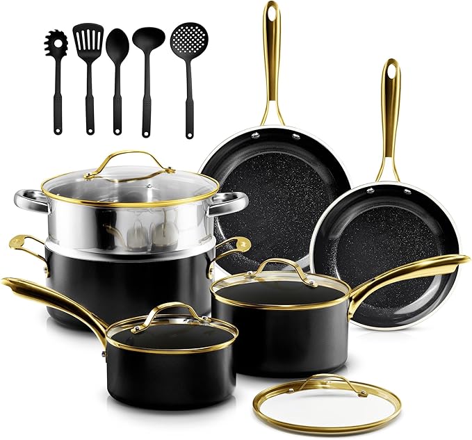 Gotham Steel 15 Pc Ceramic Cookware Set Nonstick Ceramic Pots and Pans Set Non Stick with Steamer &amp Cooking Utensils Non Toxic PFOA PFOS Free Premium Stay Cool Handles Oven &amp Dishwasher Sa