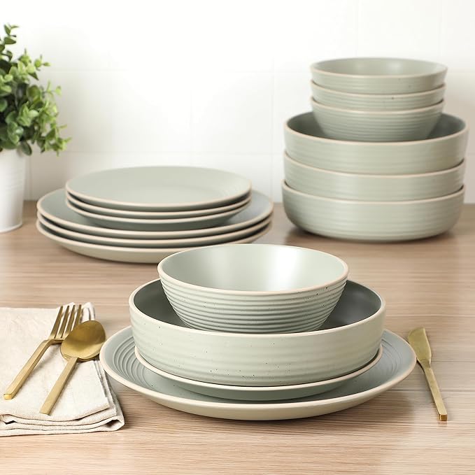 Gibson Home Dinah Double Bowl Stoneware Embossed Speckled Dinnerware Set - Sage Green Service for Four (16pcs)