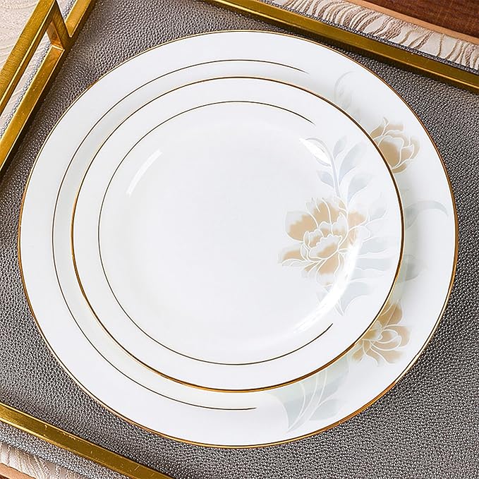 Elegant Bone China Dinnerware Set for 4Floral Porcelain Plates with Gold Rim Dishes set for Wedding Receptions Housewarming and Banquet Celebrations