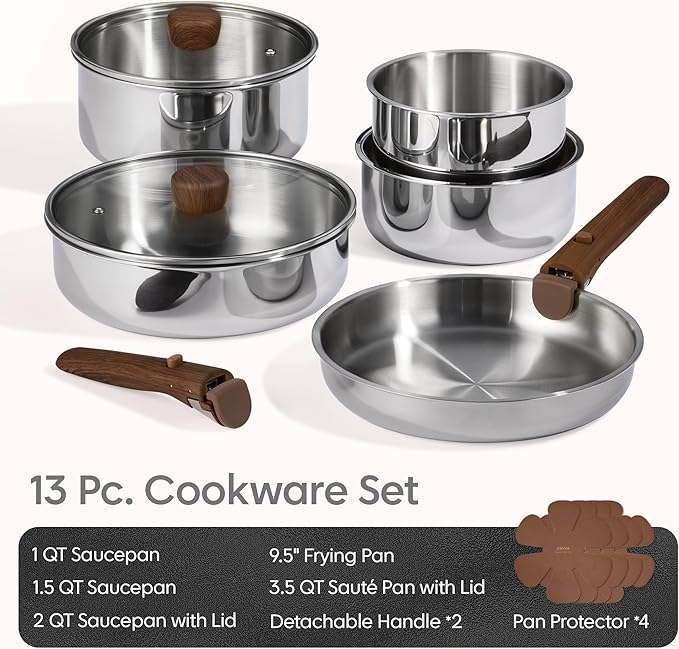 CAROTE 13pcs Tri-Ply Stainless Steel Cookware Set with Detachable Handle Pots and Pans Set Induction Kitchen Cooking Sets RV/Camping Cookware Oven Safe Woodgrain Style
