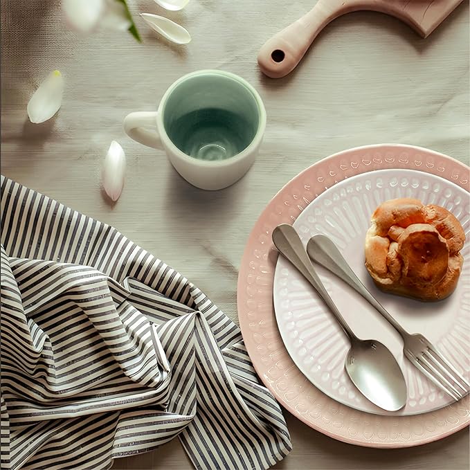 Artesa Pastel 4-Piece Color Full Mix Match 1 Dinnerware Set – Handmade Ecuadorian Ceramic Pink Mint &amp Brown Plates and Bowls with Cup Embossed Pattern Microwave Safe Lead-Free