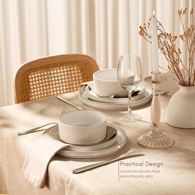 Ceramic Dinnerware Set by Vase and Vessel 12-Piece Service for 4 9.8” Dinner Plates 8” Salad Plates 20 oz Bowls Ombre Reactive Glaze Durable Stoneware Microwave &amp Dishwasher (Powder White)