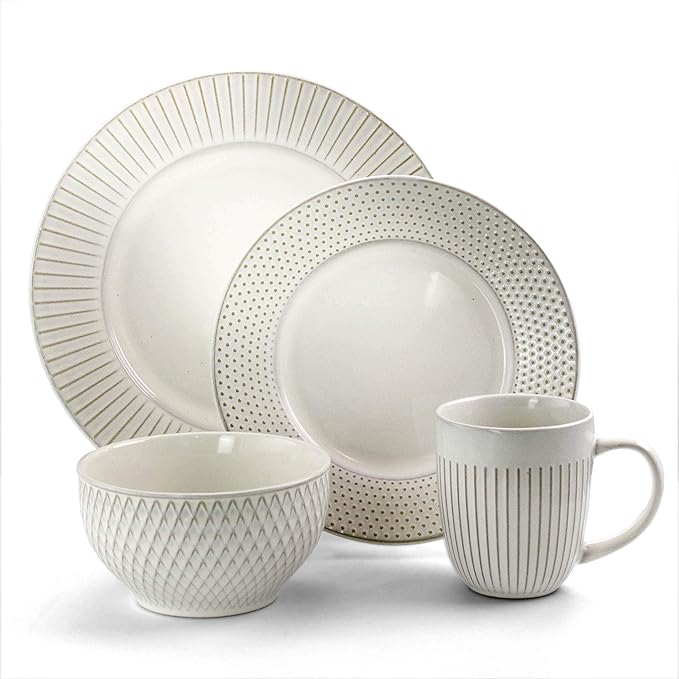 Unknown1 Marketplace Dinnerware Set in Embossed White Beige Solid Casual Round Stoneware 16 Piece Microwave Safe Brown Medium