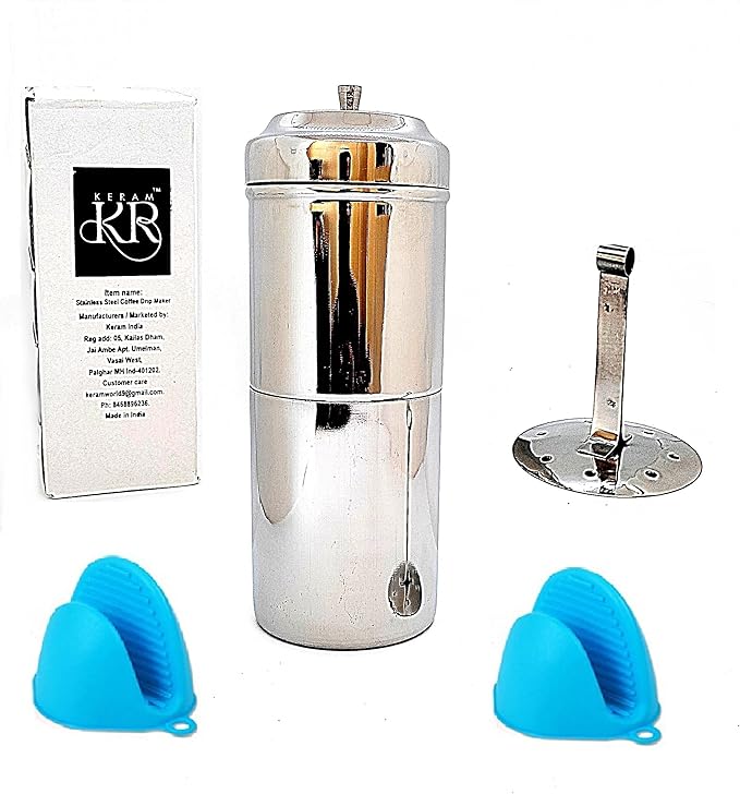 KERAM south indian drip coffee maker (300 ml) 10.14 Oz small -permanent/reusable phin filter 4-5 serving cup coffee sock made of metal SS 304 for camping manual decoction dripper makers with 2 mitten