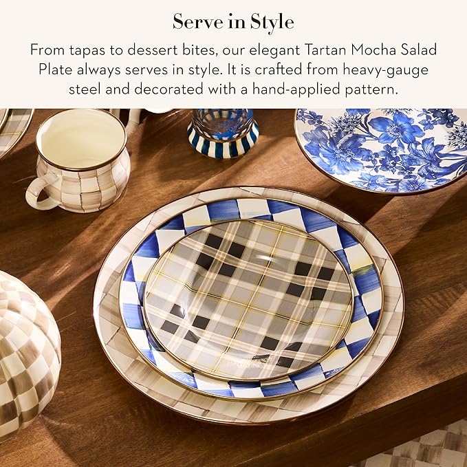 MACKENZIE-CHILDS Enamel Salad and Dessert Plate Small Plate for a Dessert or Appetizer Dish 8 Inches Brown-and-White Tartan Mocha