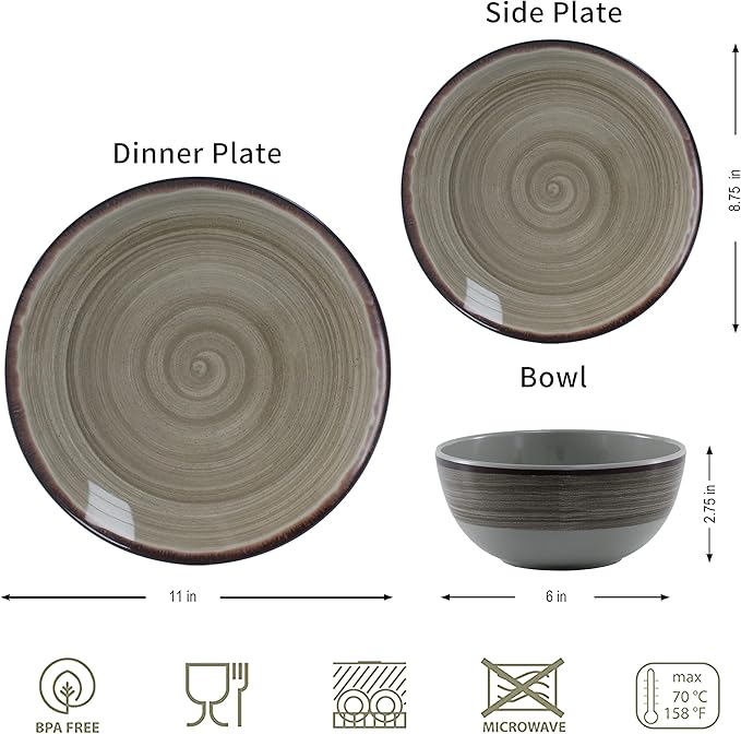 Melamine Dinnerware Sets Dinnerware Sets for 4 12Pcs Plates And Bowls Sets Lightweight and Unbreakable Dish Set for Camping PicnicRV Dishwasher SafeBPA Free（Brown）