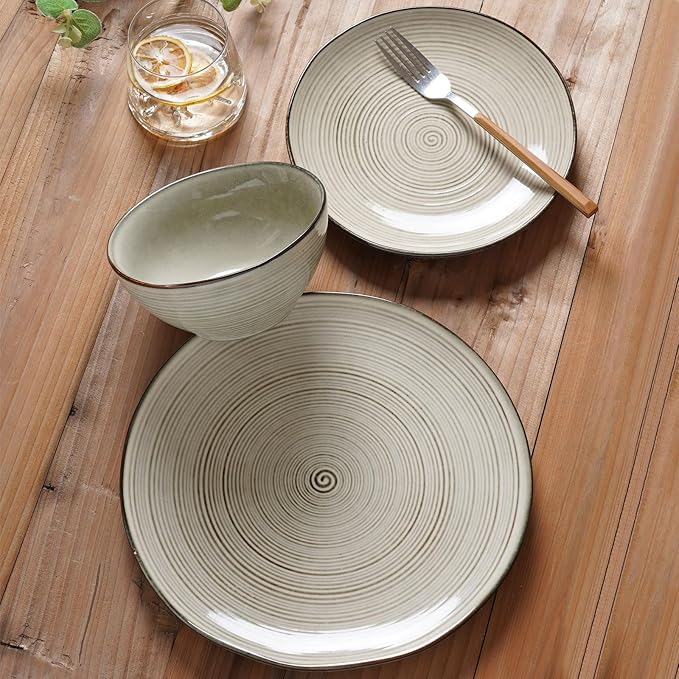 famiware Tempus Plates and Bowls Sets for 8 24 Pieces Stoneware Dinnerware Sets Dishes Set Reactive Glaze Dishware Sets Dishwasher &amp Microwave Safe - Castle Wall