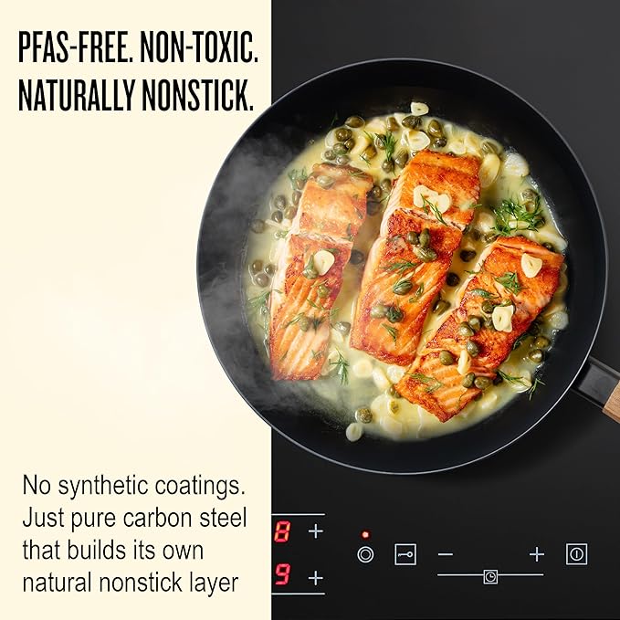 Alva Forest 8 Carbon Steel Frying Pan – Naturally Nonstick Pre-Seasoned Skillet Acacia Wood Handle Toxic Free (No PTFE/PFOA) Induction &amp All-Stovetop Safe Lightweight &amp Durable Cookware