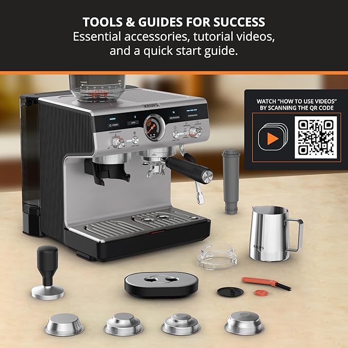KRUPS Precision Espresso Coffee Machine with Grinder Latte &amp Cappuccino Maker Pump Pressure + Milk Frother Steam Wand Adjustable Grind Settings for Barista-Quality Results Stainless Steel &amp
