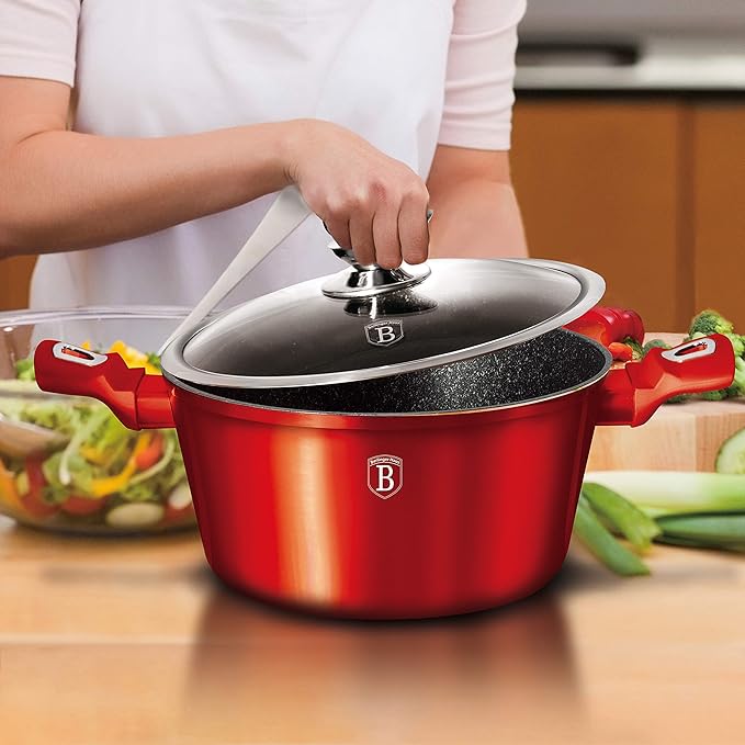 Berlinger Haus Kitchen Cookware Set 3-Layer Marble Coating with Ergonomic Soft - Touch Handle Turbo Induction Based Elegant Design &amp Eco Friendly PFOA Lead Cadmium Free | 15-Piece Burgundy Color