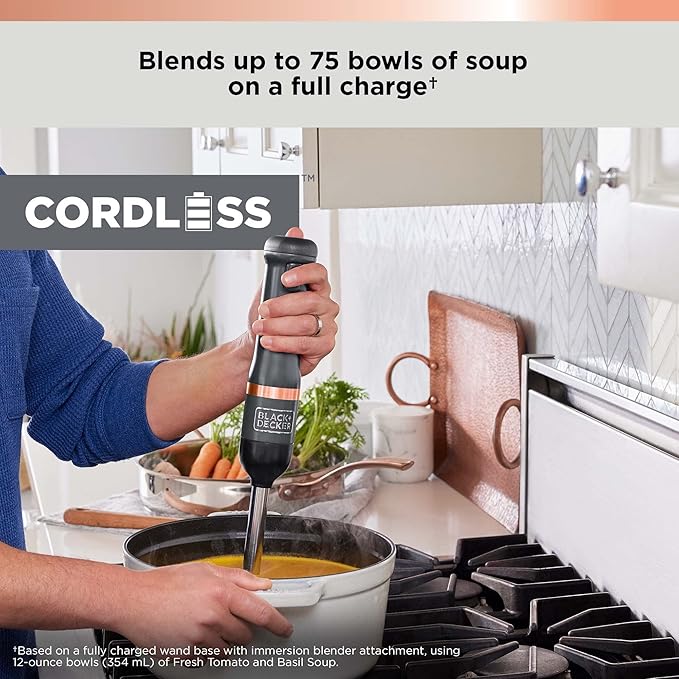 BLACK+DECKER Kitchen Wand Cordless Immersion Blender 3 in 1 Multi Tool Set Hand Blender with Charging Dock Whisk and Chopper Grey (BCKM1013K01)