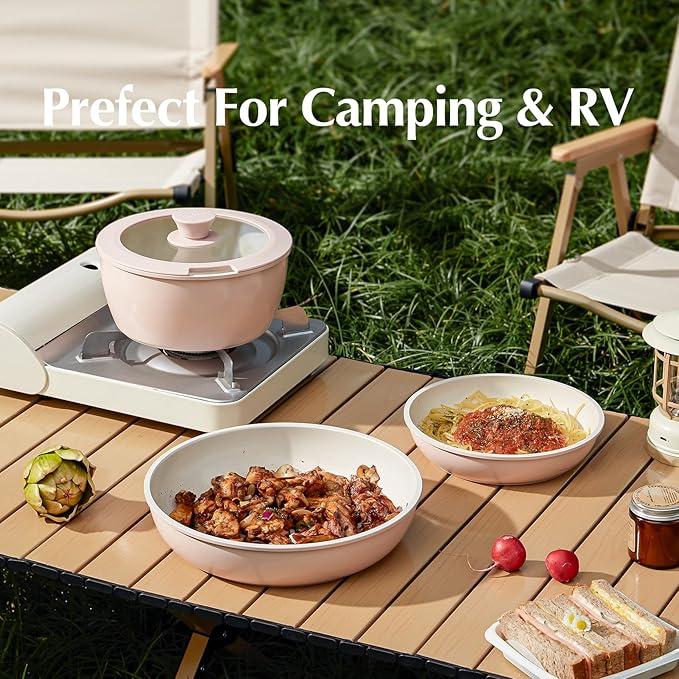 Ceramic Pots and Pans Set Non Stick Nonstick Kitchen Cookware Sets Non Toxic Pots and Pans Set Non Stick PFAS PFOA &amp PTFE Free Detachable Handle Pots and Pans 6 Piece RV Cookware (Pink)
