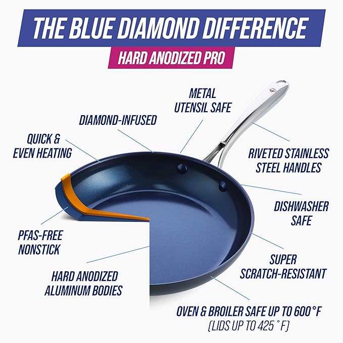 Blue Diamond Cookware Hard Anodized Ceramic Nonstick 10 Piece Cookware Pots and Pans Set Non-Toxic PFAS-Free Dishwasher and Oven Safe Durable Even Heating Metal Utensil Safe Gray